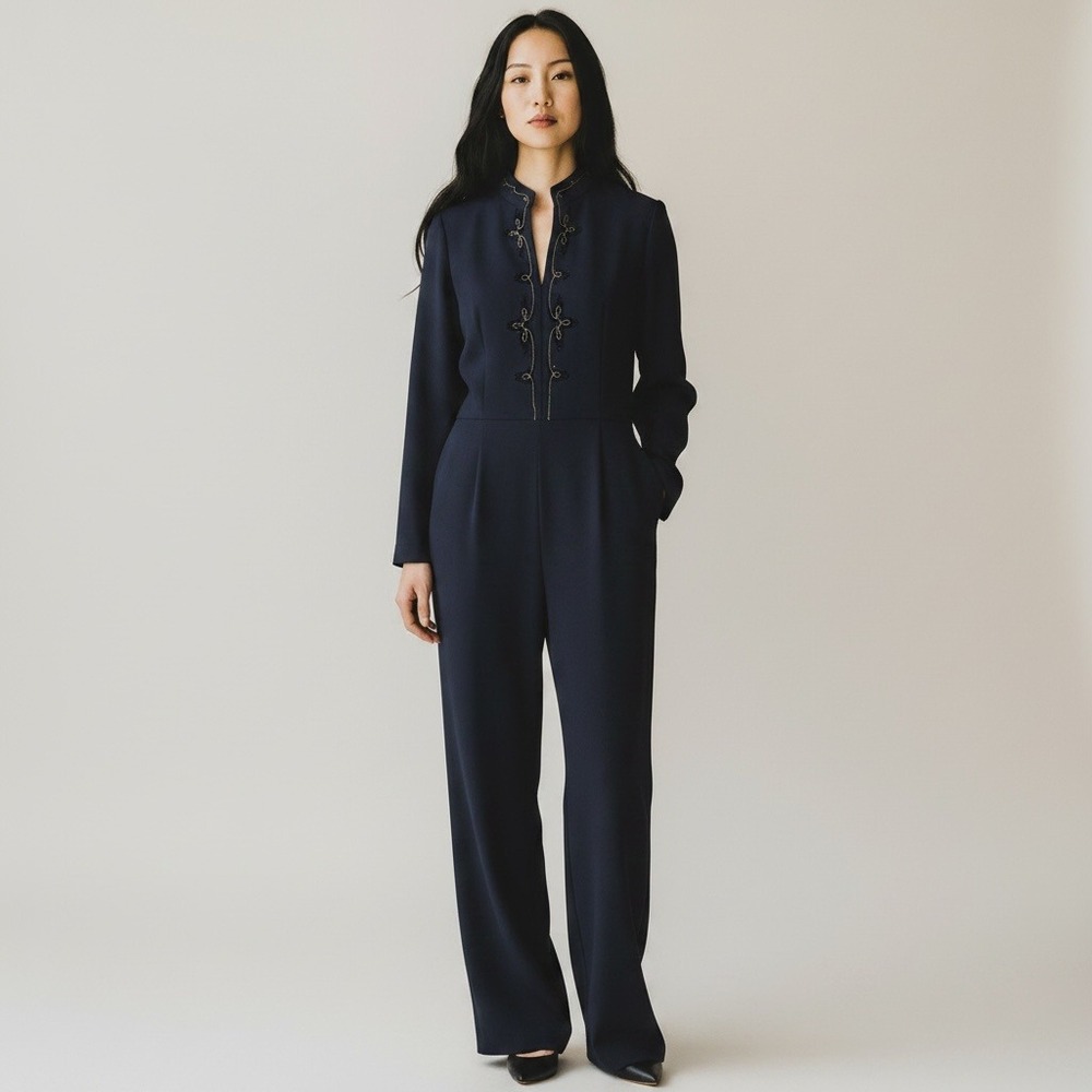 Liz Claiborne Jumpsuit Women 10 Black Embroidered Mandarin Collar Vintage 90s